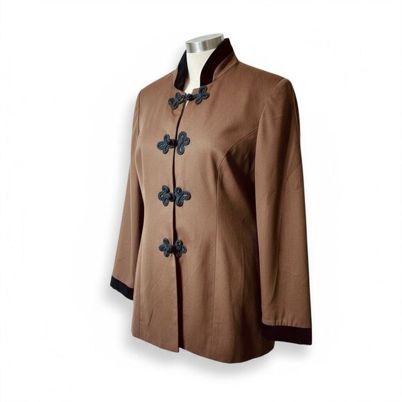 Vintage mocha brown and black velvet Trim long length blazer size 6 Frog Closure - Picture 1 of 10